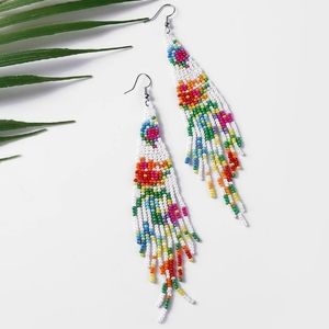 Handmade Beaded Colorful Fringe Earrings in White Floral